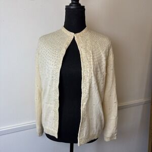 Vtg Buffums Lambswool Angora Rabbit Hair Cardigan Sequin Beaded Pin Up 1950s